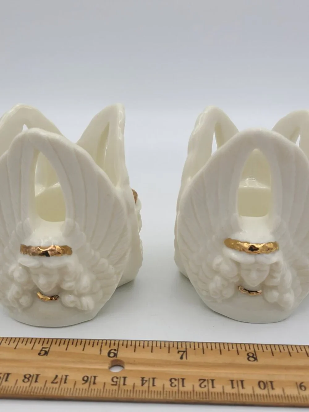 Pair of Porcelain Angels Trio Candlestick Holder Gold Accents Taiwan R.O.C.
